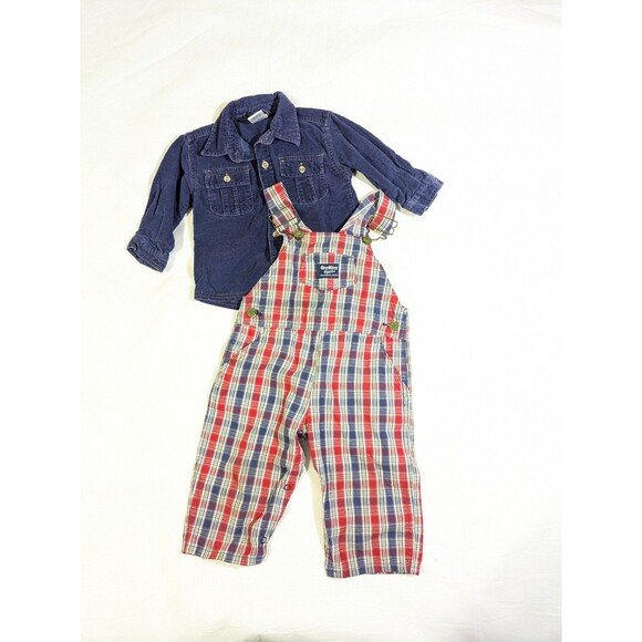 Vintage OshKosh B’Gosh Size 18M Red Blue Plaid Vestbak Overalls Rare 100% Cotton - Picture 1 of 8